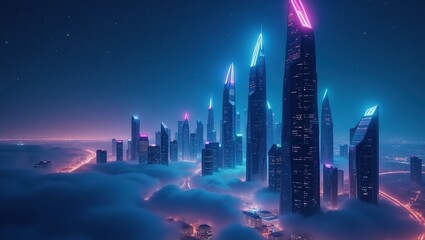 Naklejka premium Futuristic Cityscape Above a Sea of Clouds at Night