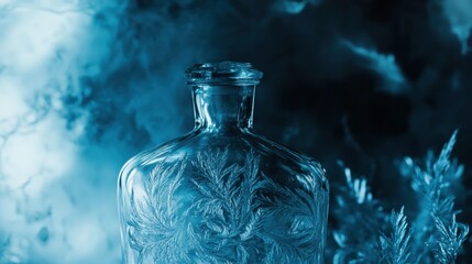 Vintage Glass Bottle with Intricate Leaf Design on Dark Background