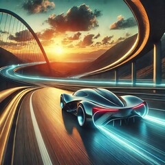 Obraz premium futuristic super car drives at high speed along a serpentine road towards the sunset 