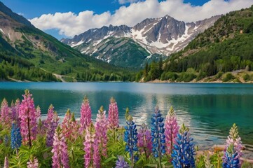 A tranquil lake with crystal-clear water mirroring the sky, surrounded by bright purple and pink lupins.