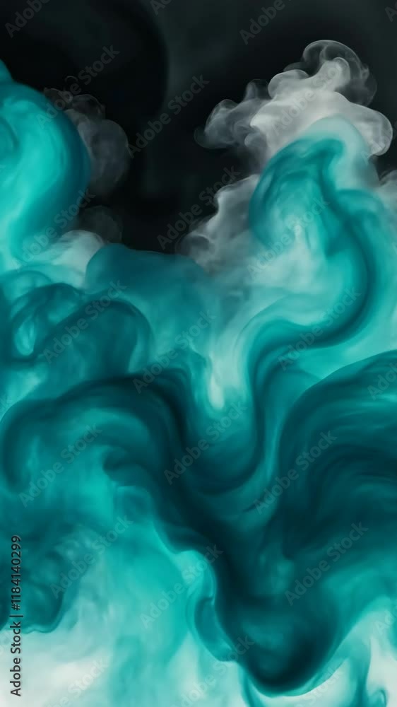 Poster swirling turquoise and black abstract art creating fluid motion and depth in an ethereal atmosphere