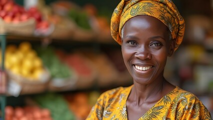 Radiant Ghanaian Senior Grocer, Warm Portrait in Traditional Attire
