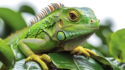 Obraz premium Green Iguana on Lush Foliage: A Vibrant Natural Portrait