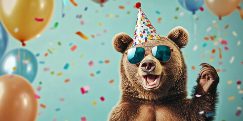 Naklejka premium Party animal! Colorful photp of funny, happy grizzly bear on aqua blue background. Ballons, confetti, happy mood. Birthday celebration horizontal banner,