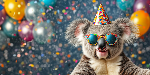 Party animal! Colorful photp of funny, happy koala bear on dark blue  background. Ballons, confetti, happy mood. Birthday celebration horizontal banner,