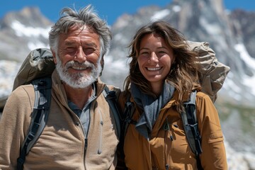Obraz premium Smiling hikers enjoy a sunny day in the mountains with stunning peaks in the background