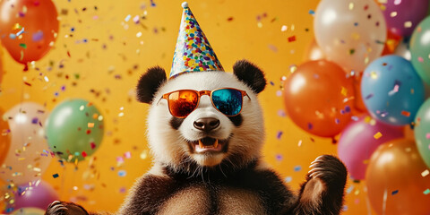 Fototapeta premium Party animal! Colorful photp of funny, happy panda bear on yellow background. Ballons, confetti, happy mood. Birthday celebration horizontal banner,