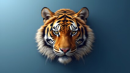 Majestic Golden Tiger Head PNG, Regal Wildlife Portrait with Glossy Fur and Blue Gradient Background