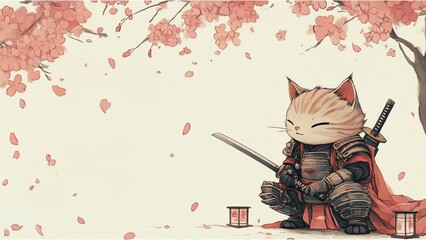 Samurai Cat Under Cherry Blossoms