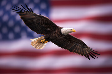 Obraz premium Aguila calva americana sobrevolando la bandera de Estados Unidos de America. Concepto celebraciones, 4 de julio, dia de los veteranos