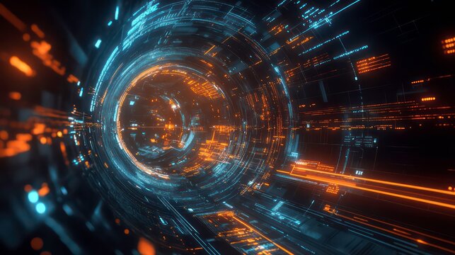 Abstract digital tunnel with glowing orange and blue light trails.