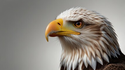 Obraz premium Close-up portrait of an American bald eagle, head and neck, against a plain gray background. Sharp focus on plumage details, including yellow beak and piercing eyes. Powerful, alert expression.