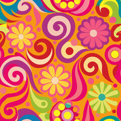 Seamless 60s Psychedelic Swirl Vector Pattern with Bold Retro Motifs