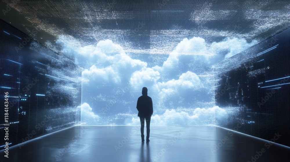 Poster transforming digital landscapes with floating data streams in virtual realities