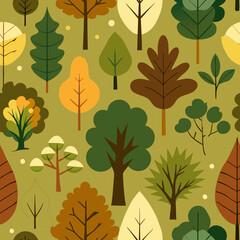 Seamless Forest Canopy Vector Pattern with Leaves and Nature Motifs