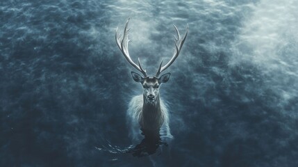Majestic Deer Swimming in Calm Water Surrounded by Misty Landscape