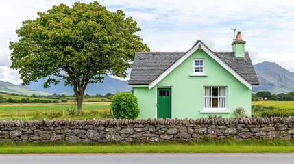 Charming Green Cottage Surrounded by Lush Landscape and Majestic Mountains