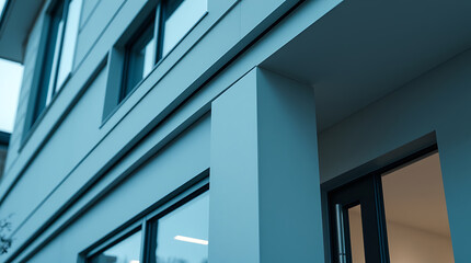 Obraz premium Close-up view of a modern building's exterior, showcasing a teal-toned facade with rectangular windows and prominent architectural detailing. The image emphasizes clean lines and geometric shapes.