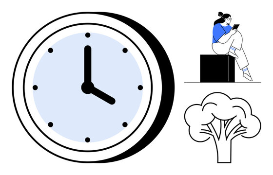 Large wall clock, woman sitting on block using a tablet, outline of a tree. Ideal for productivity, time management, relaxation, work-life balance, scheduling meditation and mindfulness. Line