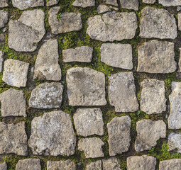 A cracked stone wall with moss growing in the crevices. Rough texture with a weathered and ancient look, perfect for historical or rustic designs.