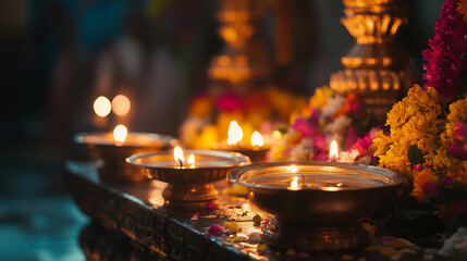 Obraz premium Maha Shivaratri, Hindu devotees praying inside a temple decorated with oil lamps and brightly colored flowers. Ai generated images.