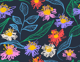 Obraz premium Hand drawn colored flowers seamless pattern with brush style, ink texture on white background. Grunge floral pattern. Vector flower pattern, illustration. Template colored brush pattern.