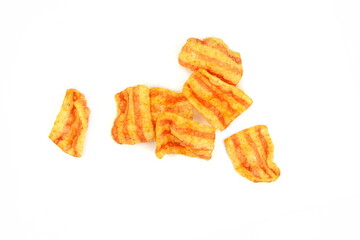 Bacon Chips. Delicious bacon snacks isolated on white background. Pelleted salted snack bacon. Smoked bacon flavored chips.