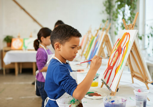 Young Boy Painting in Art Class