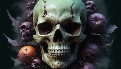 Naklejka premium Memento Mori: A macabre still life of a skull adorned with decaying fruit and smaller skulls, evoking themes of mortality and the ephemeral nature of life.