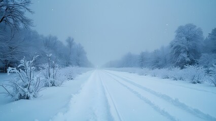 Serene Winter Snowscape, Blue-Tinted Pristine Landscape with Snow Covered Road and Trees