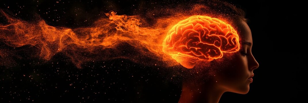 Woman with Burning Brain Exploding Particles and Dramatic Lighting on Dark Background.