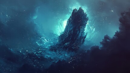 A Dark Tower Rises Through Celestial Waters