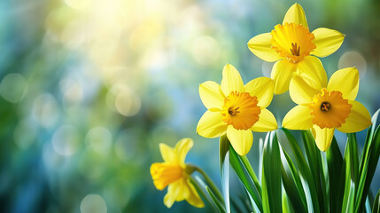 Fototapeta premium Yellow Daffodils Blooming in Bright Spring Light