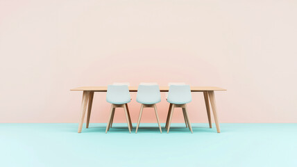Minimalist table and chairs against a pastel background.