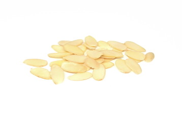 Heap of raw almond flakes isolated on white background. Sliced almonds pile.  Peeled or hulled almond slices pile isolated.
