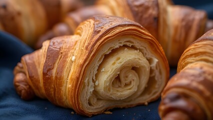 Fototapeta premium Artisan Bakery Croissant, Close-up of Flaky, Buttery Layers in Navy Blue