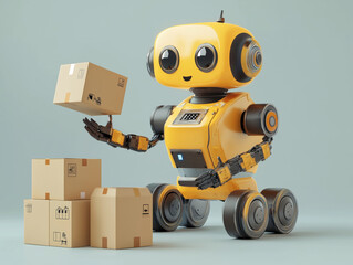 A 3D-rendered image showing a logistics robot handling parcels.
