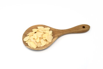 almond flakes in a wooden spoon isolated on white