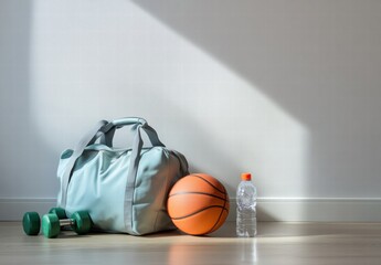 A basketball and a water bottle are on a wooden floor next to a gym bag