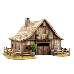 Rustic wooden barn with fenced yard and greenery