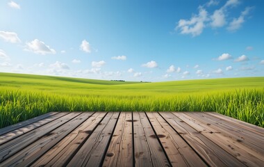 Wooden Podium in a Vast Green Field Under a Blue Sky