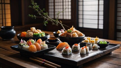 Japanese food in traditional style against wooden windows