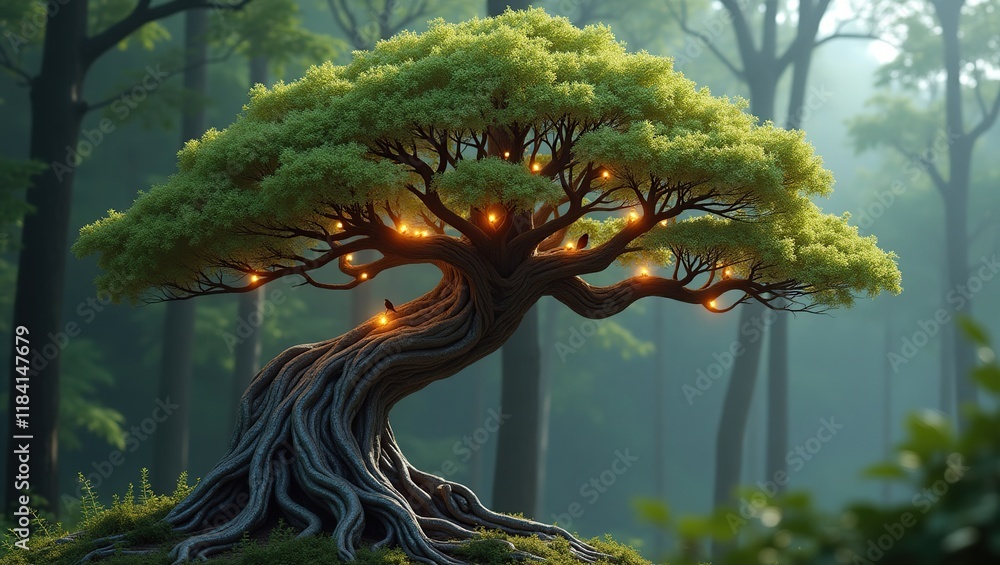 Poster enchanting illuminated tree in a mystical forest