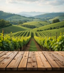 Wooden Podium in a Vineyard with Rolling Hills in the Distance