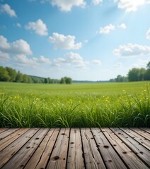 Wooden Podium in a Vast Green Field Under a Blue Sky