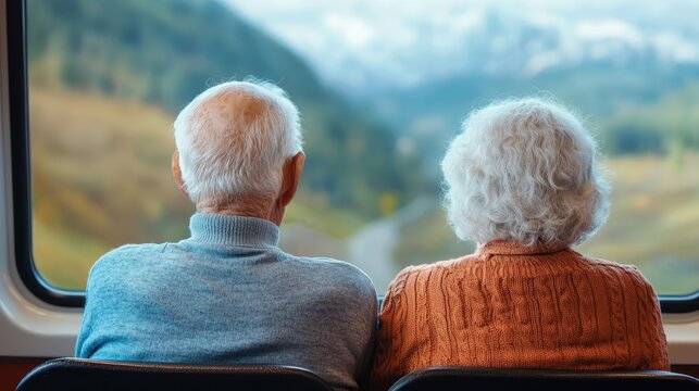 Seniors in Love Elderly couple enjoying scenic train view together.