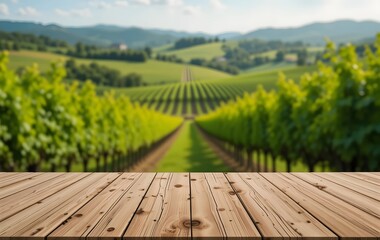 Wooden Podium in a Vineyard with Rolling Hills in the Distance