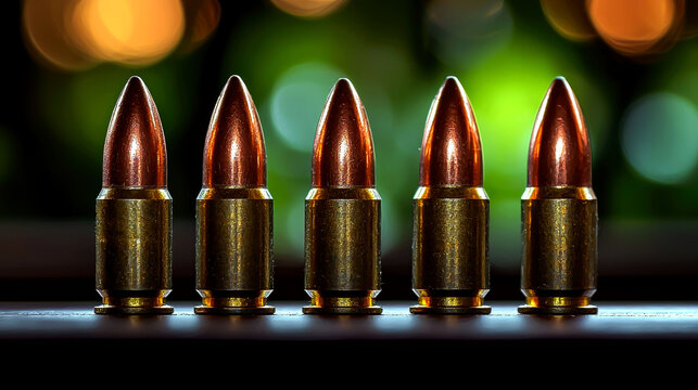 Close-up of Five 9mm Bullets: Ammunition, Firearm, Weaponry