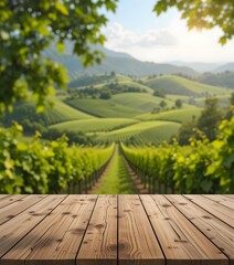 Wooden Podium in a Vineyard with Rolling Hills in the Distance