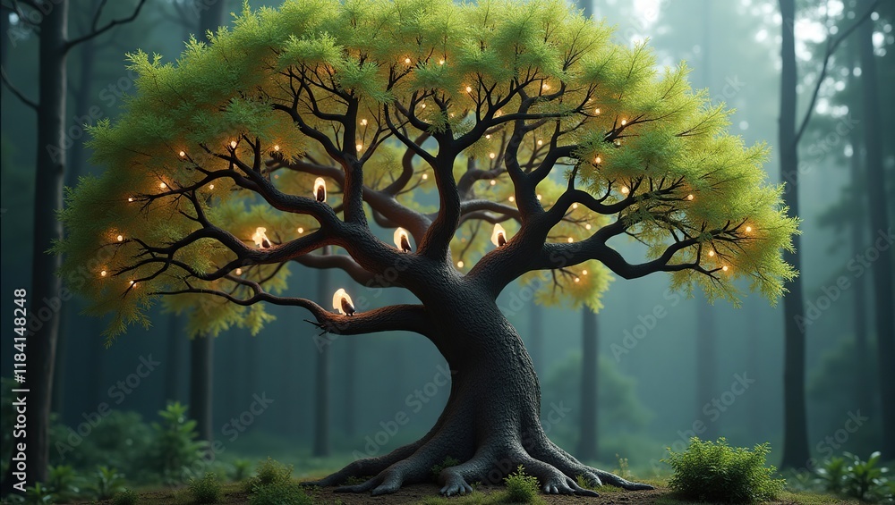 Poster enchanting illuminated tree in a misty forest